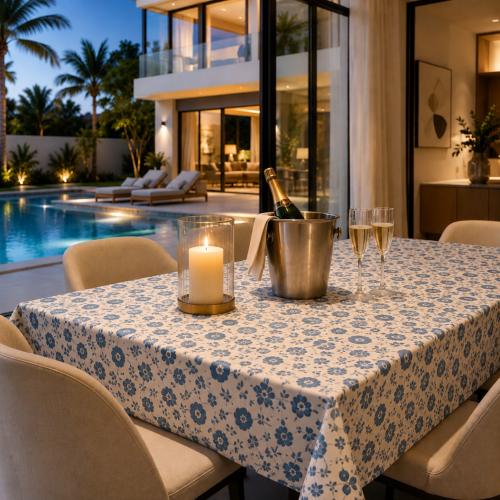 Rectangle Cotton Tablecloth White & Blue "Flora" design