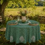 Green Round Cotton Tablecloth "Indianaire" pattern