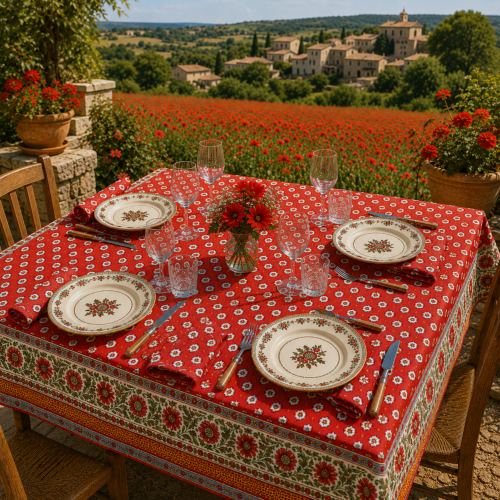 Square Cotton Tablecloth 63"X63" Red "Gordes" design