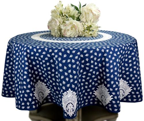 Blue Round Coated Cotton Tablecloth "Indianaire" pattern