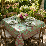 Square Cotton Tablecloth Mint 63"X63" "Colombes" pattern
