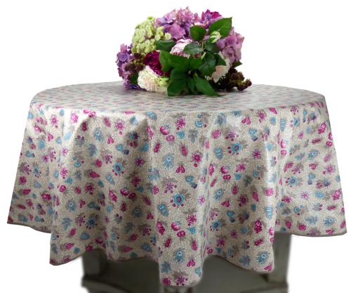 Round Cotton Coated Tablecloth Beige/Pink "Floral" pattern