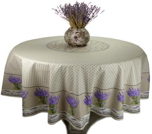 Round Cotton Coated Tablecloth Ecru "Lavender" pattern